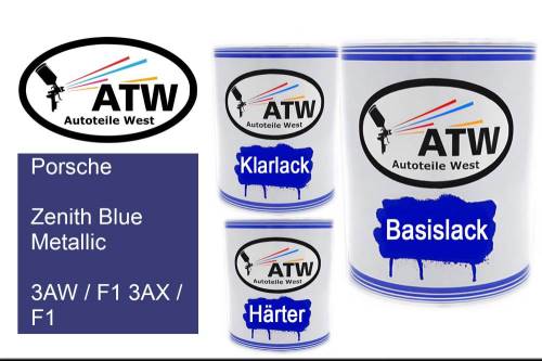 Porsche, Zenith Blue Metallic, 3AW / F1 3AX / F1: 1L Lackdose + 1L Klarlack + 500ml Härter - Set, von ATW Autoteile West.